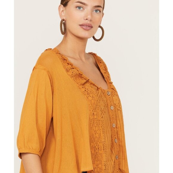 Free People Women Mae Top Medium Vneck Floral Embroidery Flowy Raw Lace Trim - Picture 7 of 13